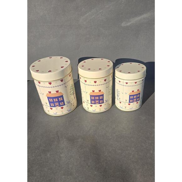 Country Farmhouse House Heart Tin Canister Set 3 Round Kitchen Storage Decor - Picture 4 of 7
